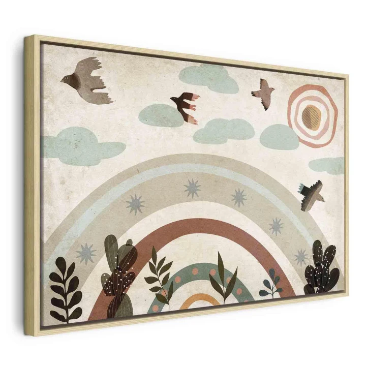 Obraz - Tęcza i słońce u góry - Ptaki w stonowanych barwach latające pośród chmur nad tęczą i różnorodnymi roślinami na jasnym tle