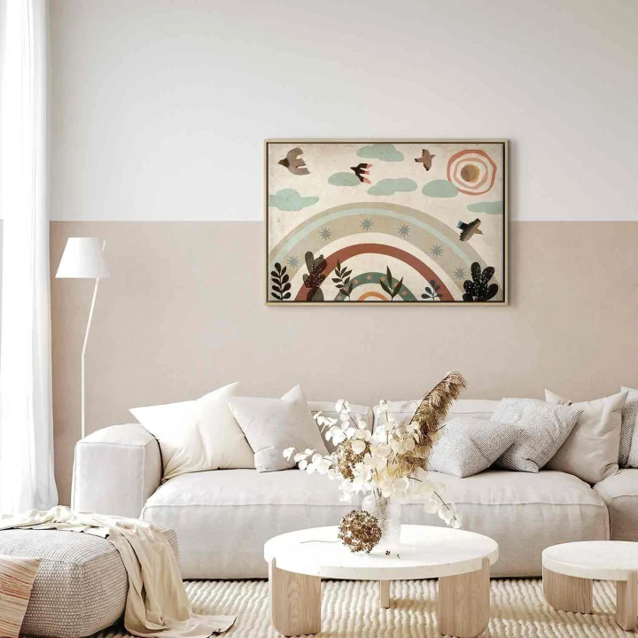 Obraz - Tęcza i słońce u góry - Ptaki w stonowanych barwach latające pośród chmur nad tęczą i różnorodnymi roślinami na jasnym tle