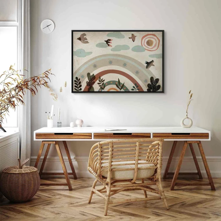 Obraz - Tęcza i słońce u góry - Ptaki w stonowanych barwach latające pośród chmur nad tęczą i różnorodnymi roślinami na jasnym tle
