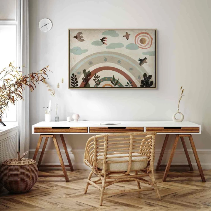 Obraz - Tęcza i słońce u góry - Ptaki w stonowanych barwach latające pośród chmur nad tęczą i różnorodnymi roślinami na jasnym tle