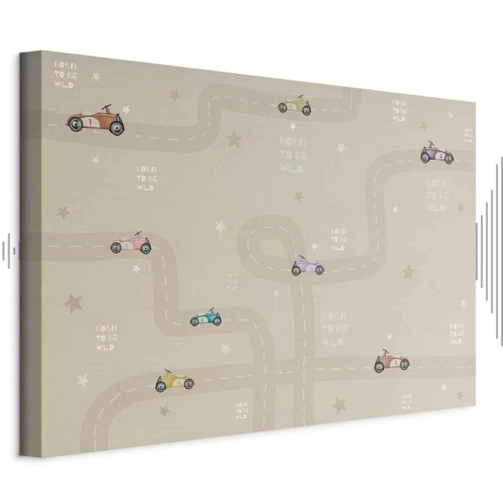 Obraz - Wyścig - kolorowe autka na drodze na beżowym tle z napisami