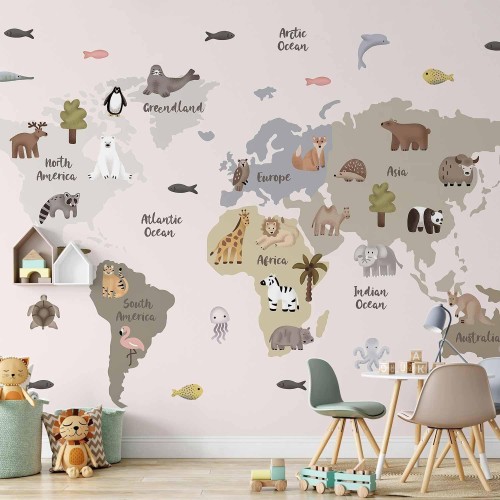 Fototapeta - Pastelowa mapa - zwierzęta i kontynenty do pokoju dziecięcego