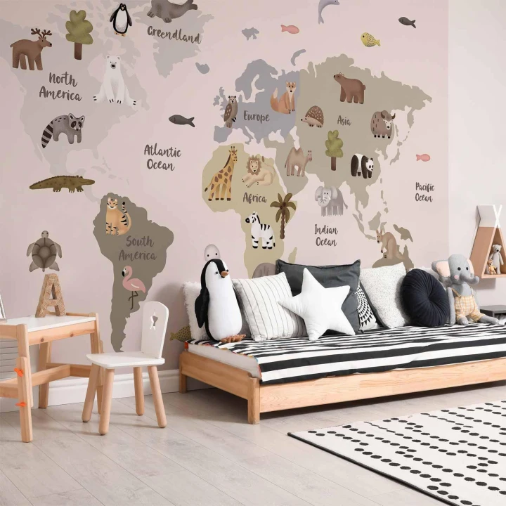 Fototapeta - Pastelowa mapa - zwierzęta i kontynenty do pokoju dziecięcego