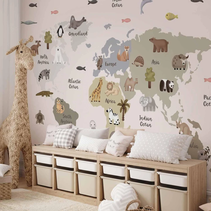 Fototapeta - Pastelowa mapa - zwierzęta i kontynenty do pokoju dziecięcego