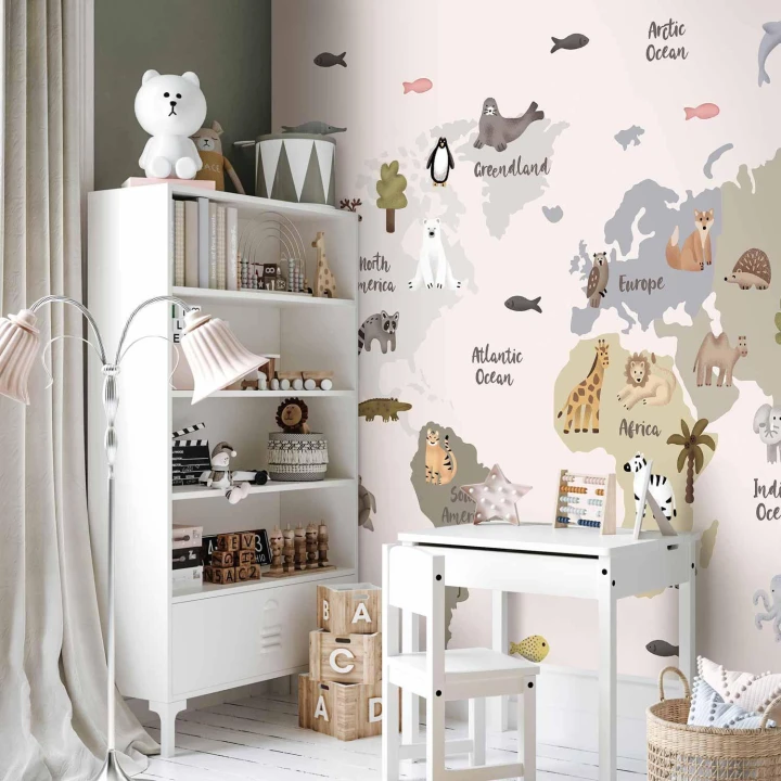 Fototapeta - Pastelowa mapa - zwierzęta i kontynenty do pokoju dziecięcego