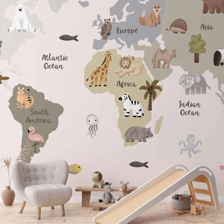 Fototapeta - Pastelowa mapa - zwierzęta i kontynenty do pokoju dziecięcego