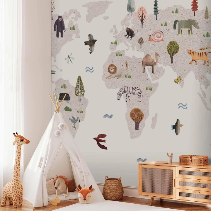 Fototapeta - Beżowy świat - kontynenty ze zwierzątkami w stonowanej kolorystyce