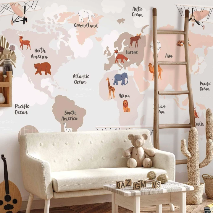 Fototapeta - Mapa świata w beżowych odcieniach do pokoju dziecięcego