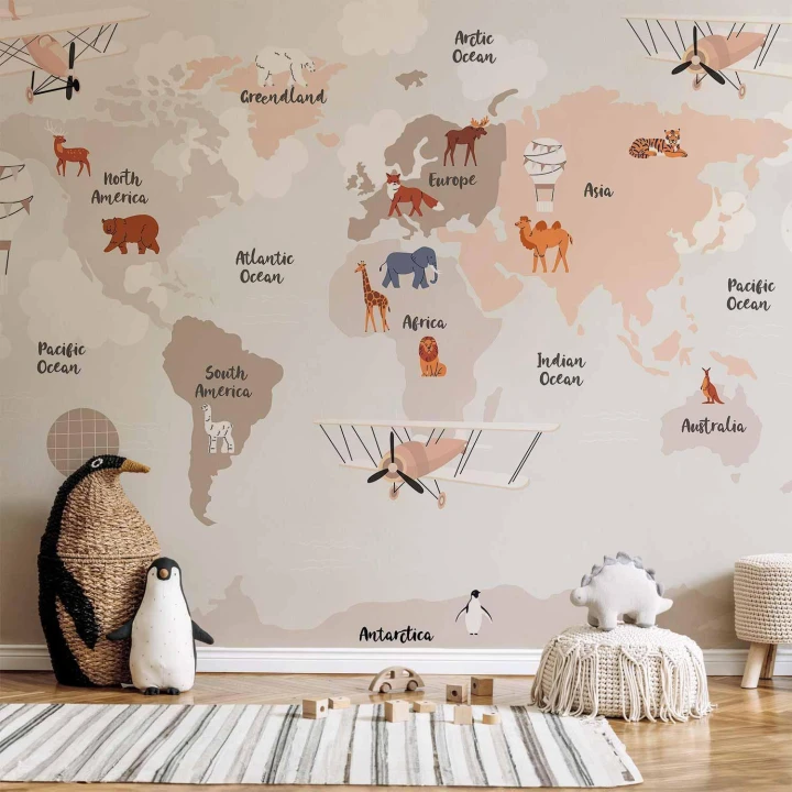Fototapeta - Mapa świata w beżowych odcieniach do pokoju dziecięcego