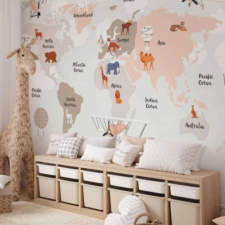 Fototapeta - Mapa świata w beżowych odcieniach do pokoju dziecięcego