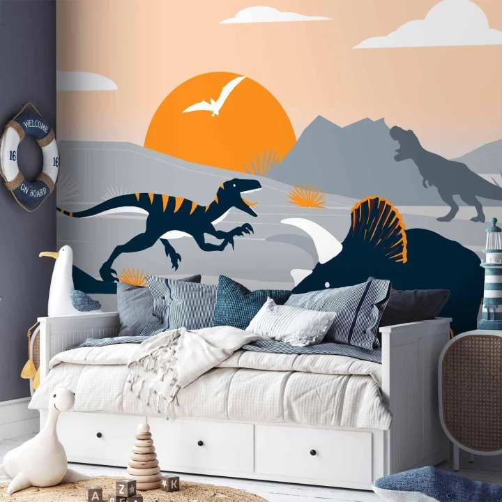 Fototapeta - Ostatnie dinozaury z pomarańczowym - abstrakcyjny krajobraz do pokoju