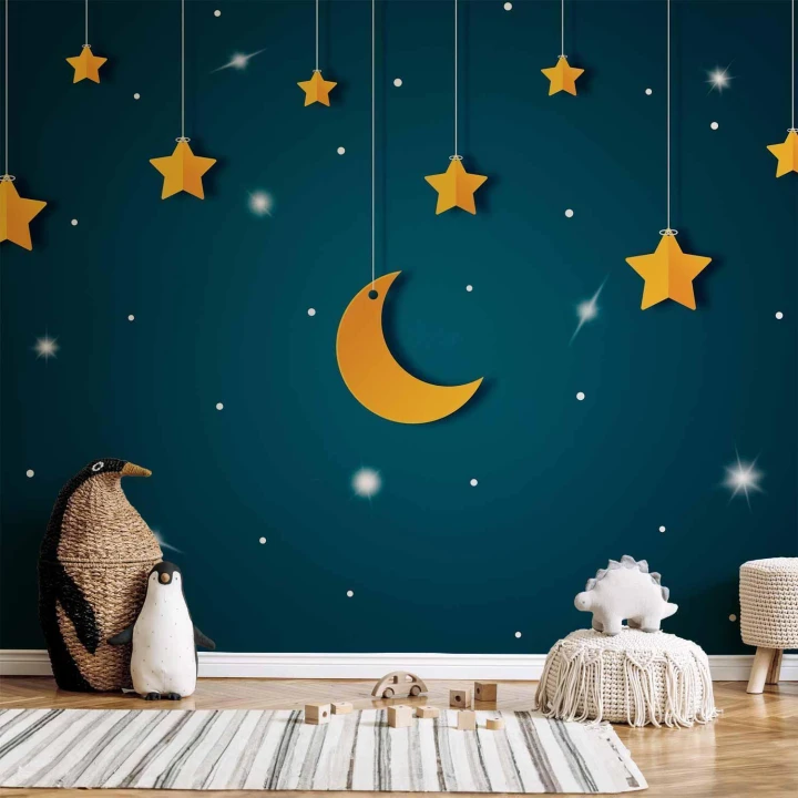 Fototapeta - Nieboskłon - pejzaż turkusowego nieba nocą z gwiazdami dla dzieci