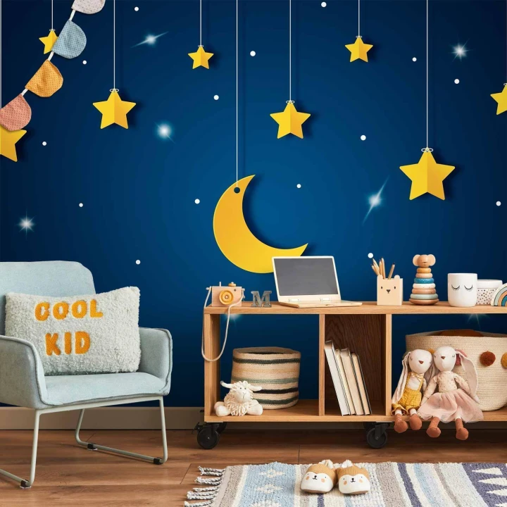 Fototapeta - Nieboskłon - pejzaż nieba nocą z gwiazdami i księżycem dla dzieci