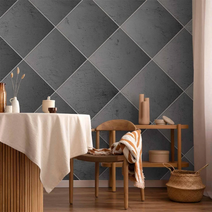 Fototapeta - Szara symetria - geometryczny wzór w deseń z betonu z białymi fugami
