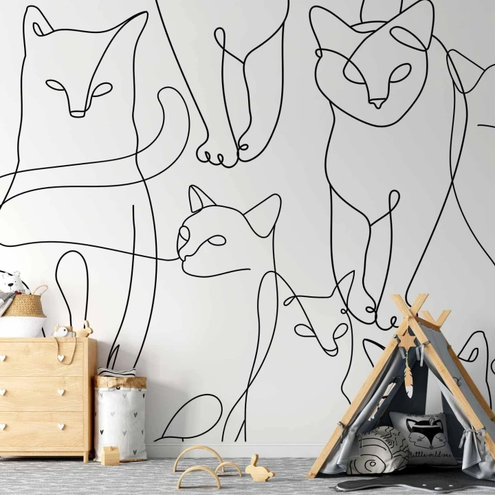 Fototapeta - Koci lineart - minimalistyczne szkice czarnych kotów na białym tle