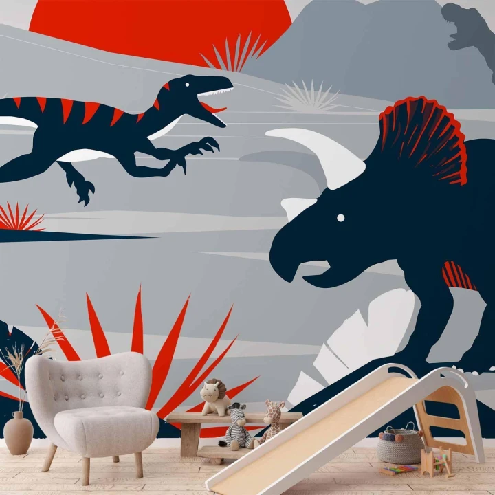 Fototapeta - Ostatnie dinozaury z czerwienią - abstrakcyjny krajobraz do pokoju