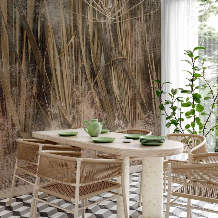 Fototapeta - Suche liście - pejzaż wysokich traw w stylu boho z deseniami z farby