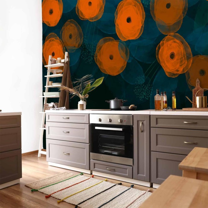 Fototapeta - Akwarelowa kompozycja - pomarańczowe desenie na delikatnym tle z liści