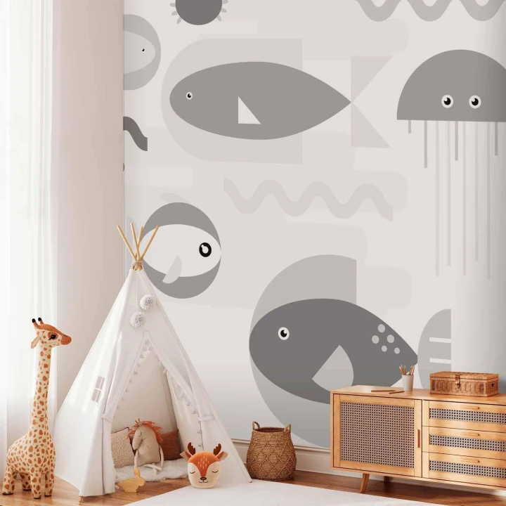 Fototapeta - Minimalistyczny szary ocean - geometryczne rybki w wodzie dla dzieci