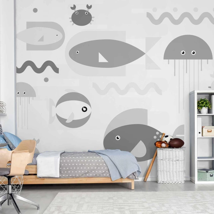 Fototapeta - Minimalistyczny szary ocean - geometryczne rybki w wodzie dla dzieci