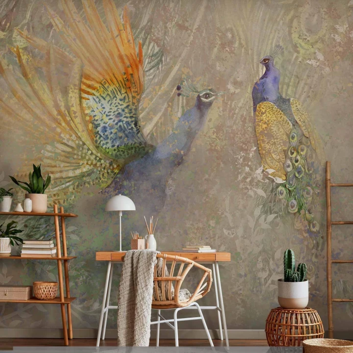 Fototapeta - Pawie w tańcu - motyw ptaków wśród abstrakcyjnego deseniu w ornamenty