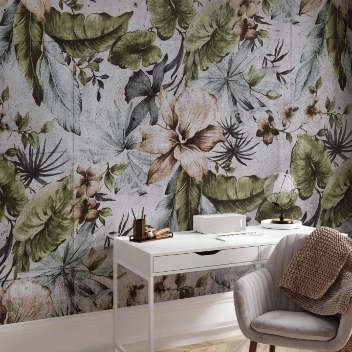 Fototapeta - Natura w stylu retro - pejzaż w dżungli z bladymi liśćmi i kwiatami