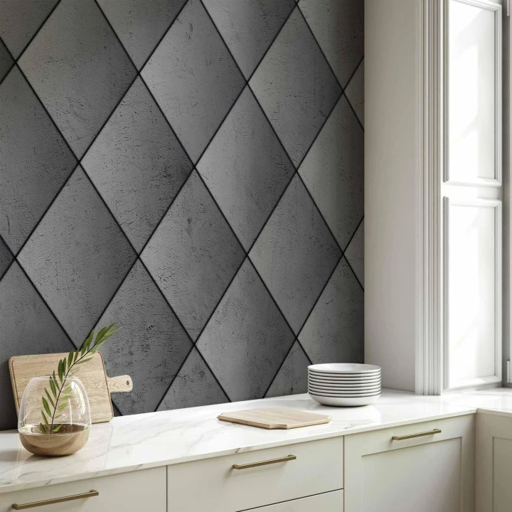 Fototapeta - Szara symetria - geometryczny wzór w deseń z betonu z czarnymi fugami