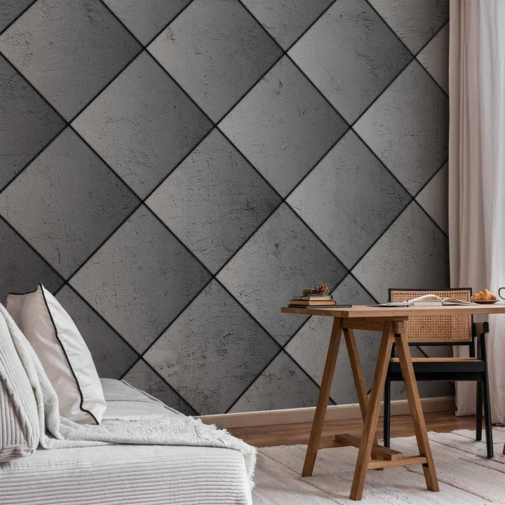 Fototapeta - Szara symetria - geometryczny wzór w deseń z betonu z czarnymi fugami