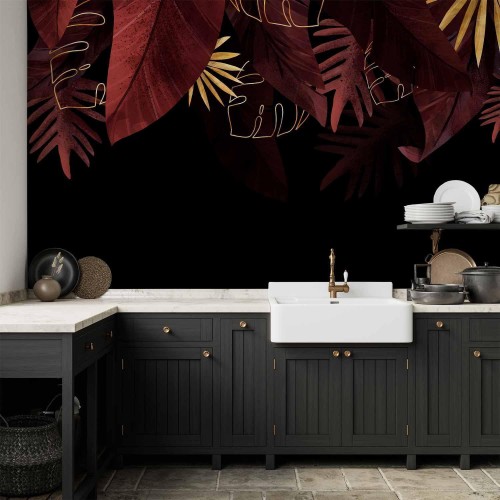 Fototapeta - Dżungla i kompozycja - motyw czerwonych i złotych liści na czarnym tle