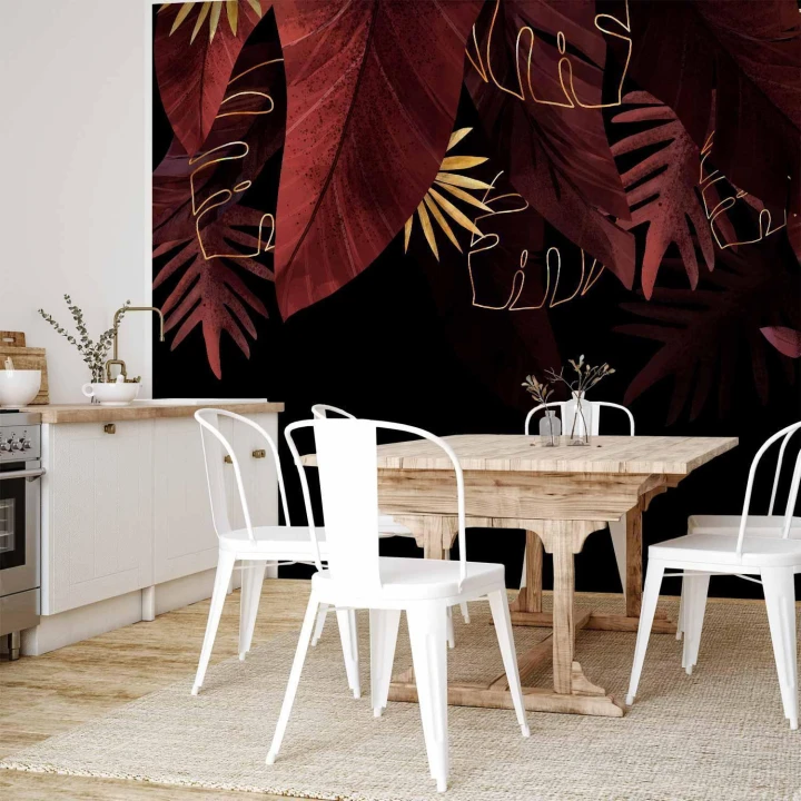 Fototapeta - Dżungla i kompozycja - motyw czerwonych i złotych liści na czarnym tle