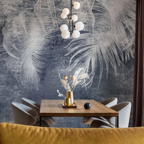 Fototapeta - Abstrakcja z naturą - egzotyczne liście na niebieskim tle z deseniem