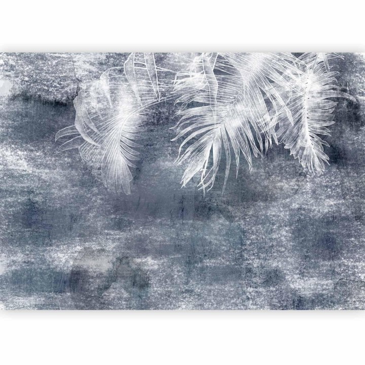 Fototapeta - Abstrakcja z naturą - egzotyczne liście na niebieskim tle z deseniem