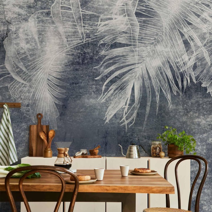 Fototapeta - Abstrakcja z naturą - egzotyczne liście na niebieskim tle z deseniem