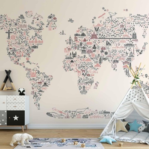 Fototapeta - Mapa z ikon - rysunkowe przedstawienie świata w pastelowych kolorach