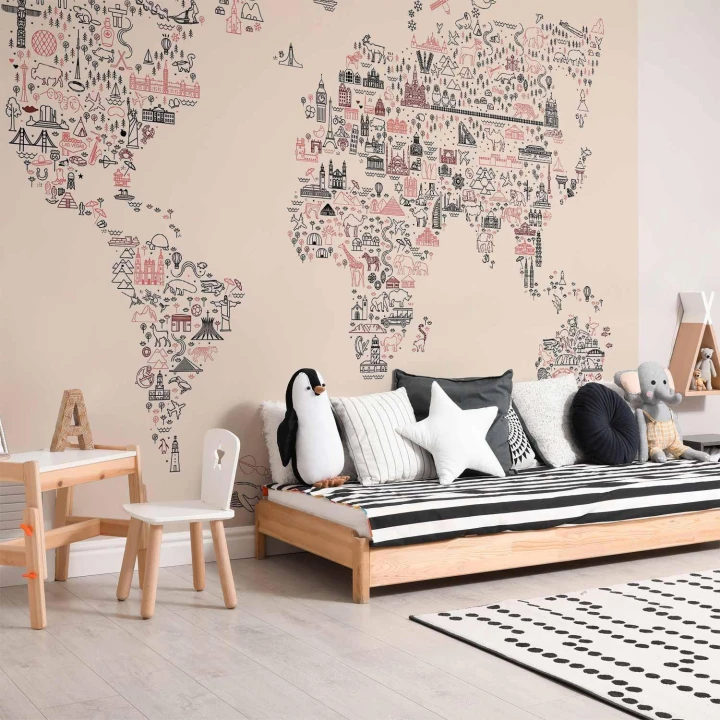 Fototapeta - Mapa z ikon - rysunkowe przedstawienie świata w pastelowych kolorach