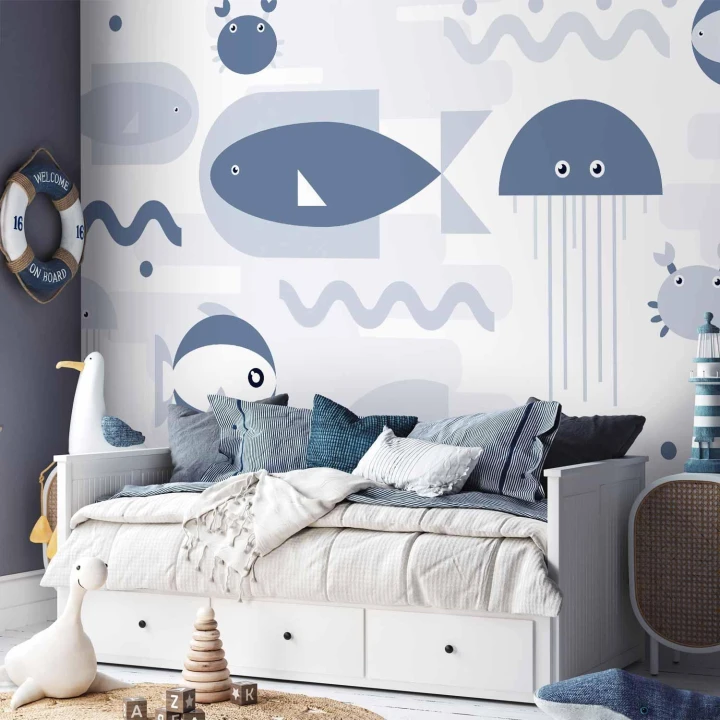 Fototapeta - Minimalistyczny ocean - geometryczne rybki i kraby w wodzie dla dzieci