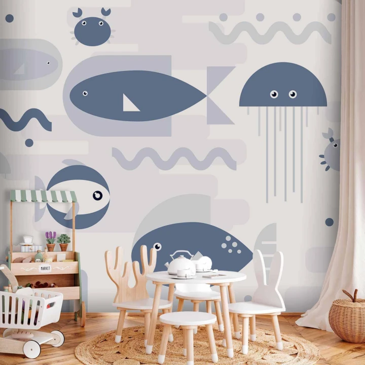 Fototapeta - Minimalistyczny ocean - geometryczne rybki i kraby w wodzie dla dzieci