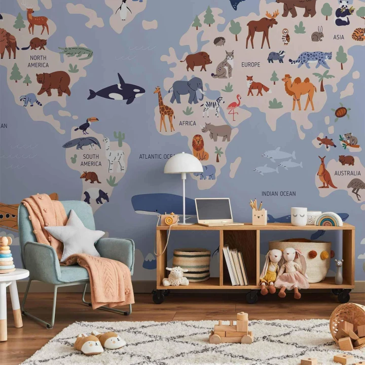 Fototapeta - Mapa świata z ilustracjami zwierząt