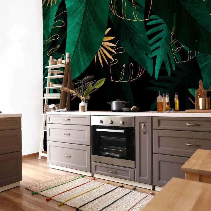 Fototapeta - Dżungla i kompozycja - motyw zielonych i złotych liście na czarnym tle