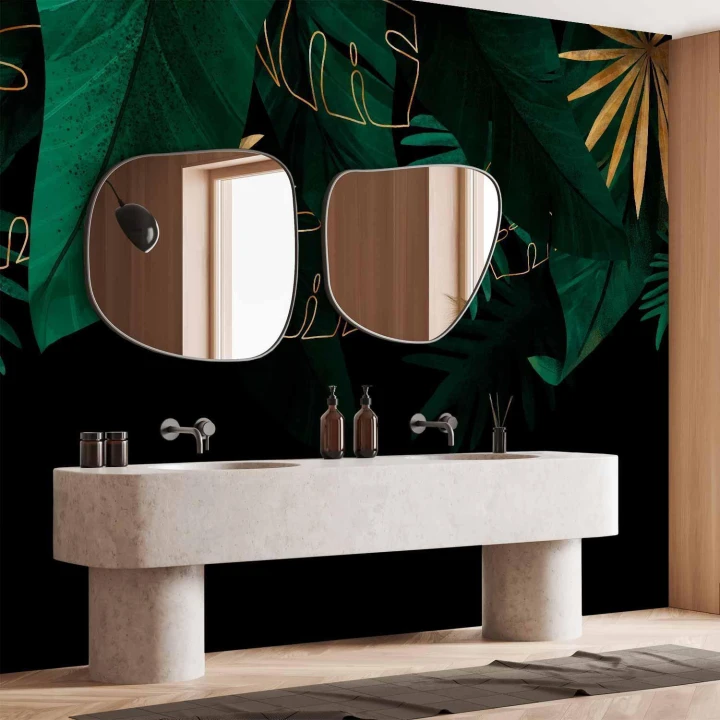 Fototapeta - Dżungla i kompozycja - motyw zielonych i złotych liście na czarnym tle