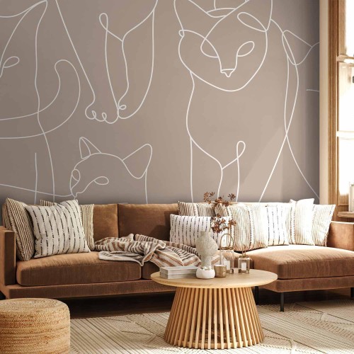 Fototapeta - Koci lineart - minimalistyczne szkice białych kotów na beżowym tle