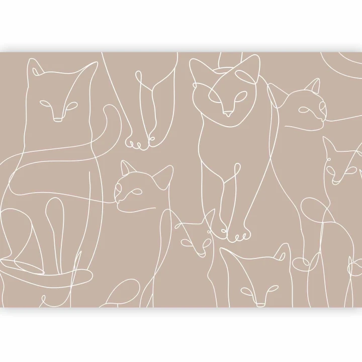 Fototapeta - Koci lineart - minimalistyczne szkice białych kotów na beżowym tle