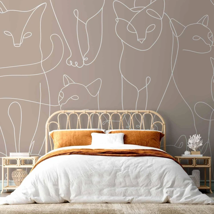 Fototapeta - Koci lineart - minimalistyczne szkice białych kotów na beżowym tle