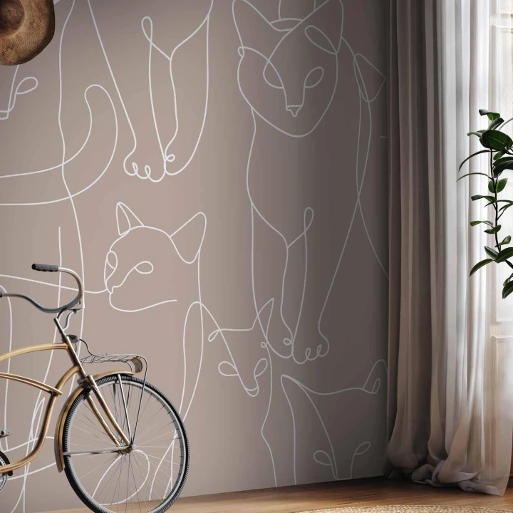 Fototapeta - Koci lineart - minimalistyczne szkice białych kotów na beżowym tle