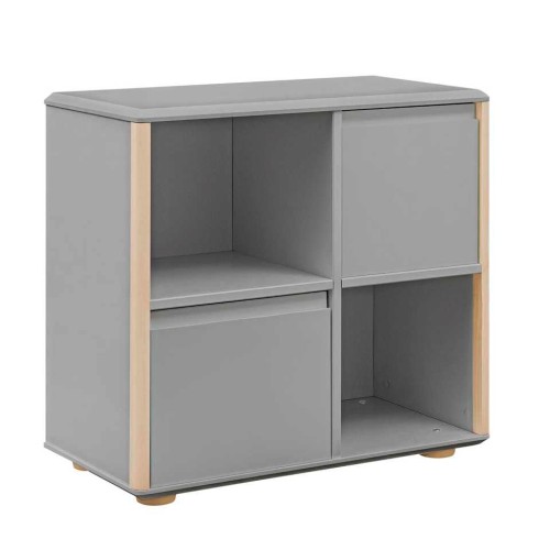 Szara komoda niska Funflex 2 drzwi MDF z otwartymi półkami do pokoju młodzieżowego