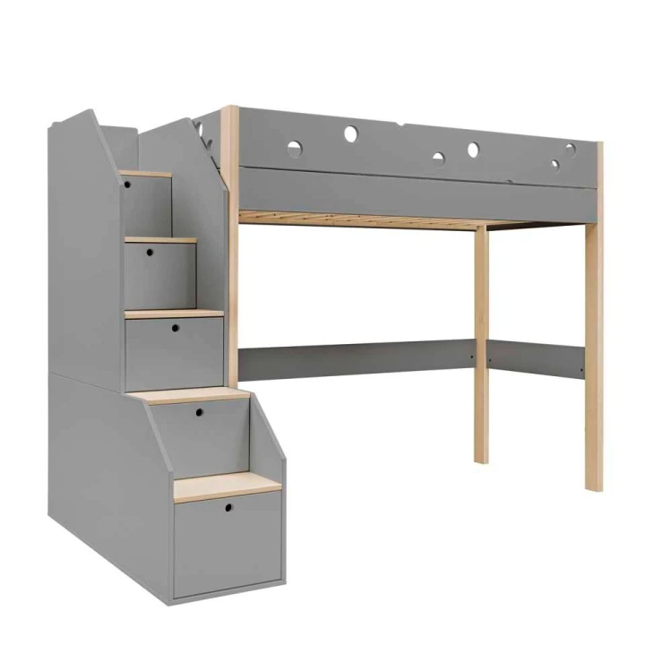 Łóżko na antresoli ze schodami Funflex szare w małym pokoju