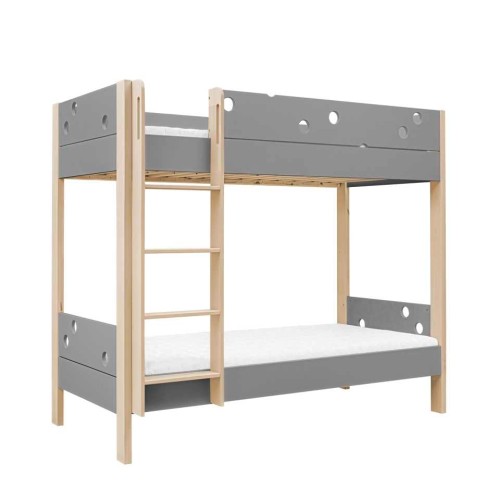 Łóżko piętrowe Funflex szare z drabinką i drewnianymi nogami