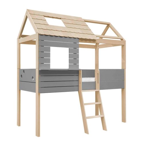 Łóżko podniesione domek Funflex szare z drewnianym daszkiem