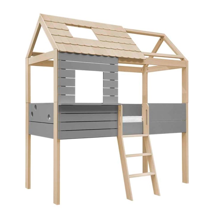 Łóżko podniesione domek Funflex szare z drewnianym daszkiem