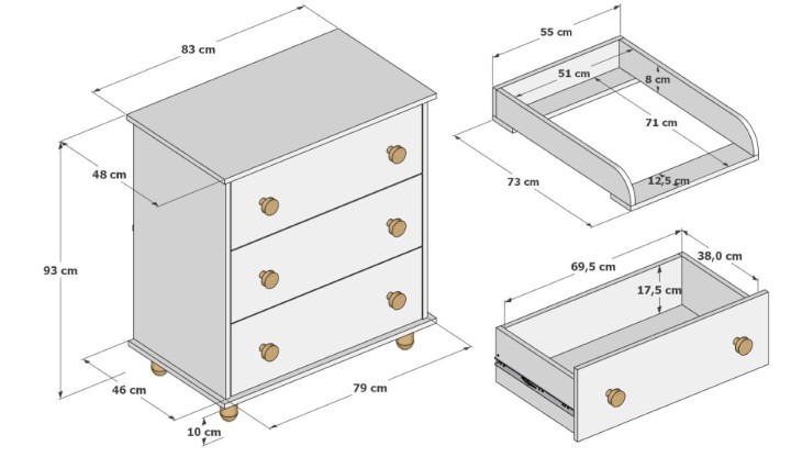 Rysunek wymiarów komody z przewijakiem Lilo mięta